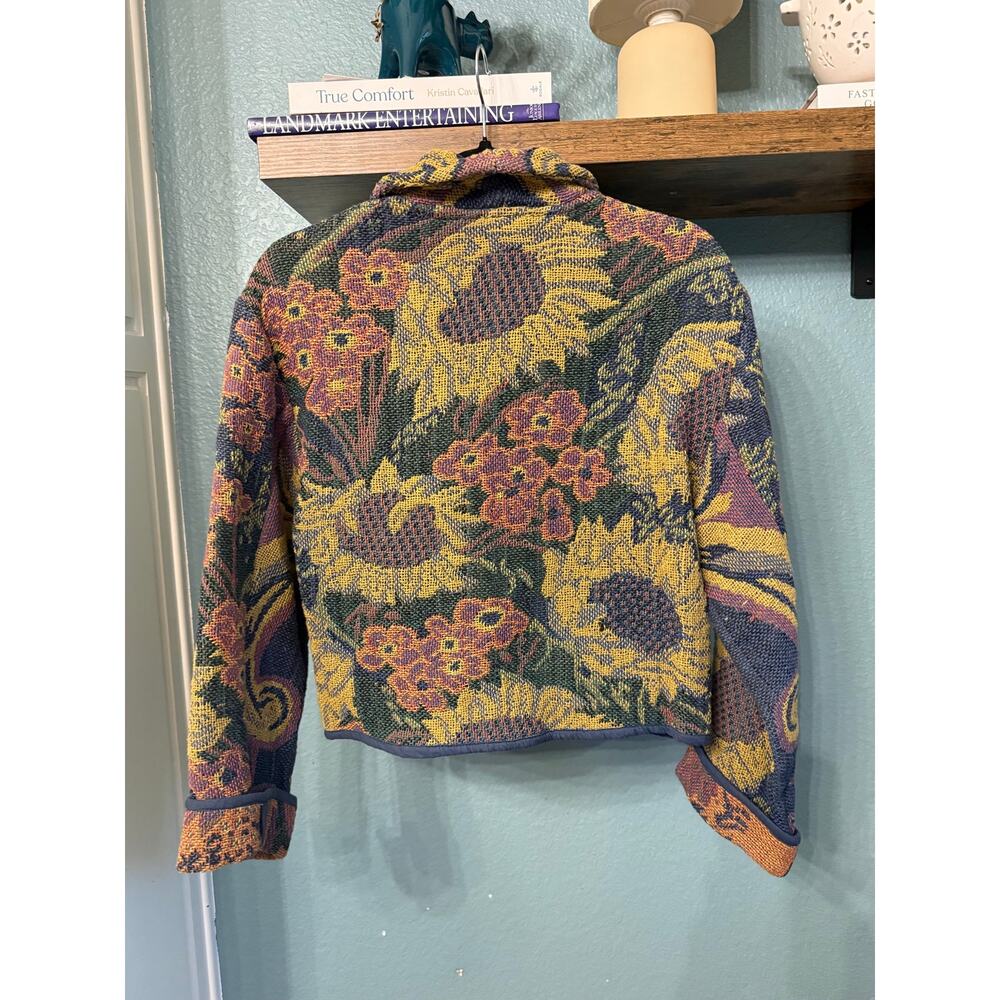 Vintage 80s 90s Flashback Sunflower Tapestry Jacket Cropped Floral Boho S Artsy